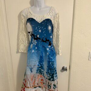 Christmas Dress - Cream Lace  Santa Sleigh At Night Size Large 44 Bust  Hal1